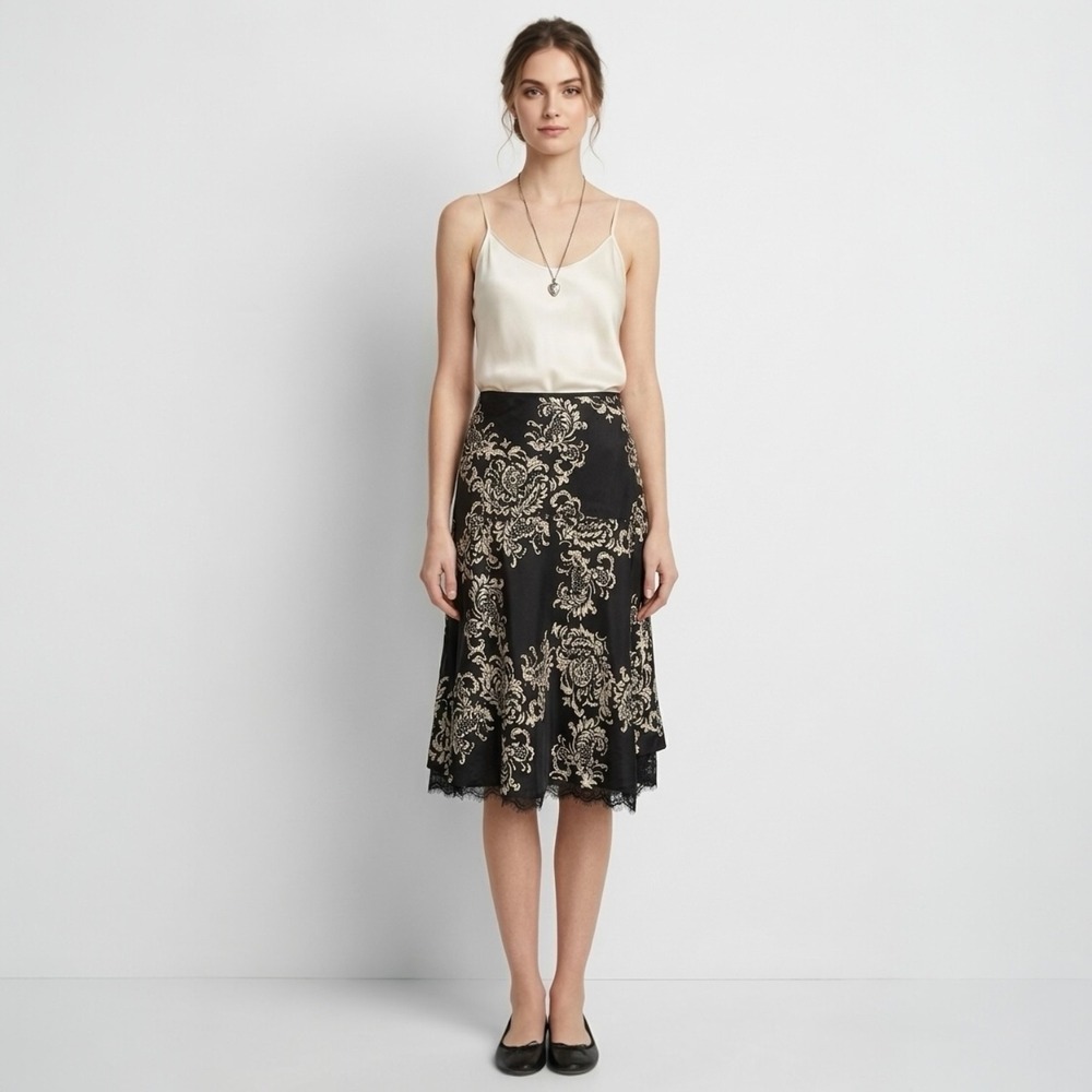 White House Black Market Silk Skirt 2 Black Ivory Baroque Floral WHBM Gothic - Picture 9 of 14
